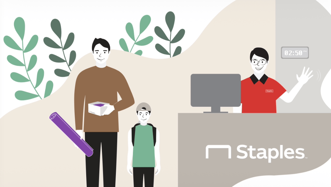 Storyboard frame showing a customer picking up their order at the store, both the assocaite and the customer look happy