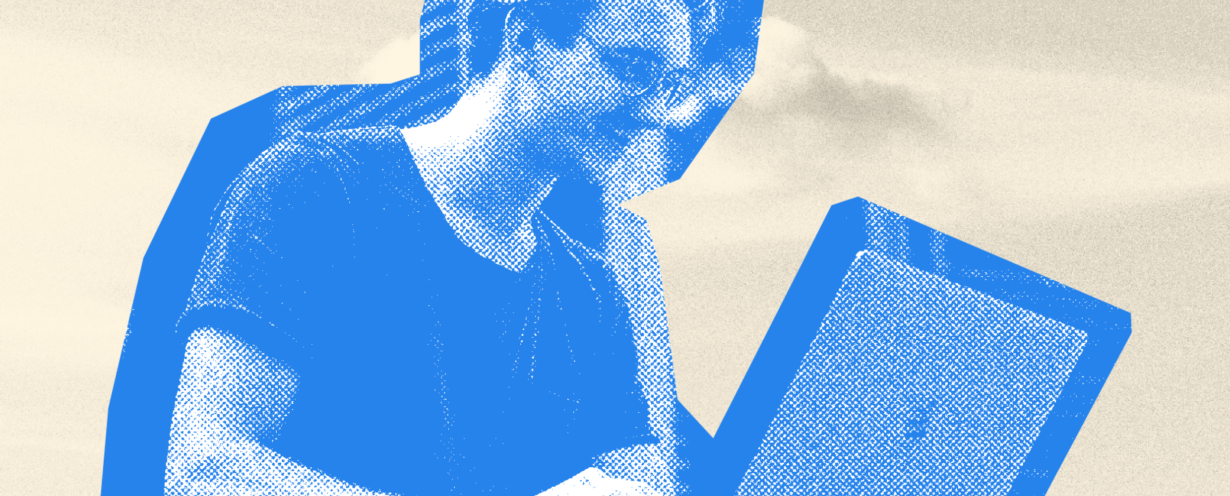 Halftone image of person smiling at laptop