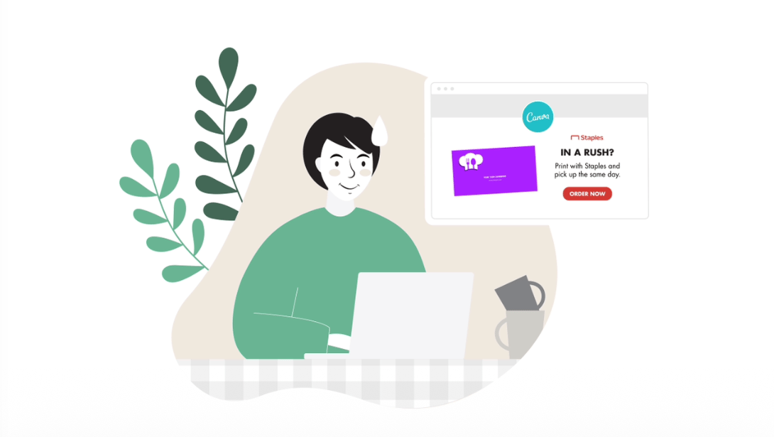 Storyboard frame showing a customer who needs to print business cards today