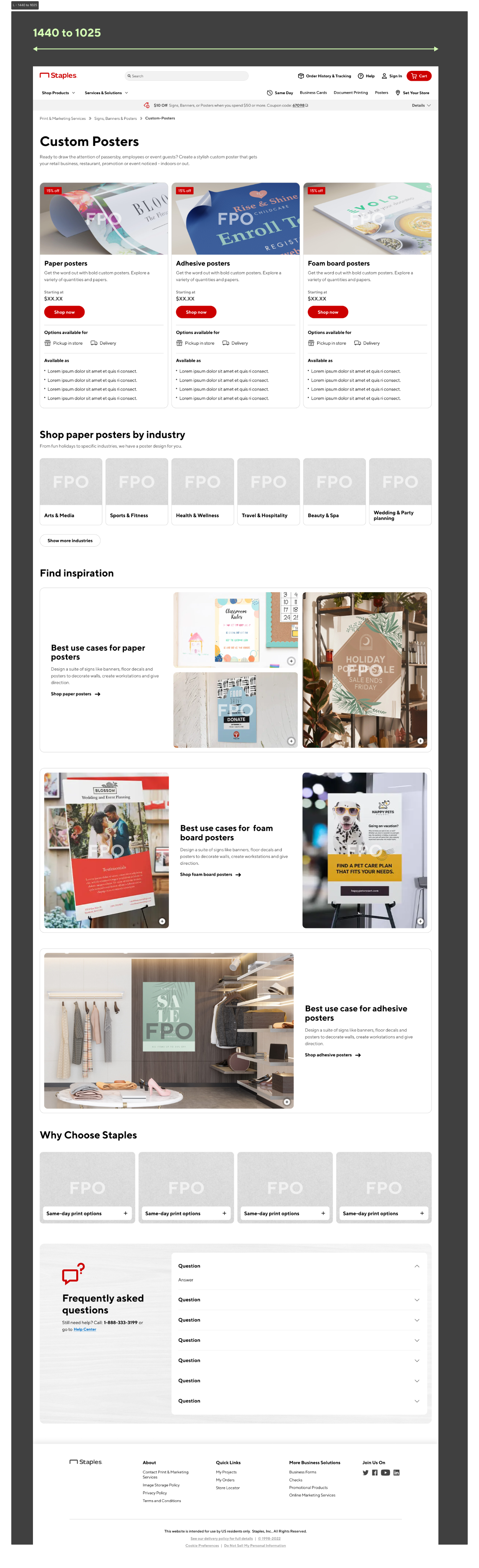 Posters category page wihigh-fidelity mockup showing layout with key sections: product comparison, shop by industry, inspiration and case studies, value props, and FAQ and SEO
