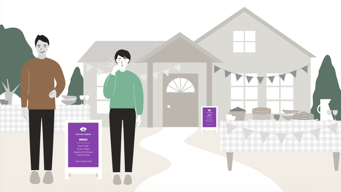 Storyboard frame showing a customer opening their business with the A-frame they ordered at Staples. They look very happy.