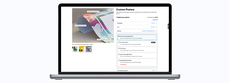 A laptop computer showing Staples print site with the posters product configurator