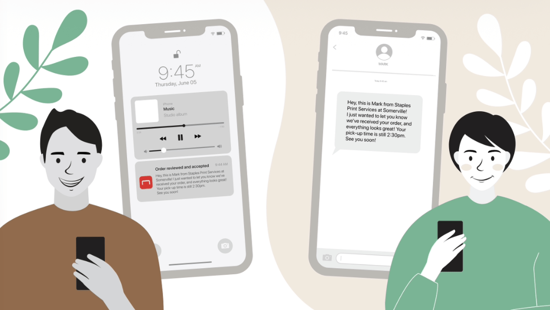Storyboard frame showing two customers receiving updates of the same print order on their phones