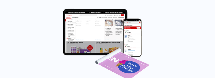 Tablet device showing Staples print top navigation, cellphone showing order status tracker, and a photo of a banner