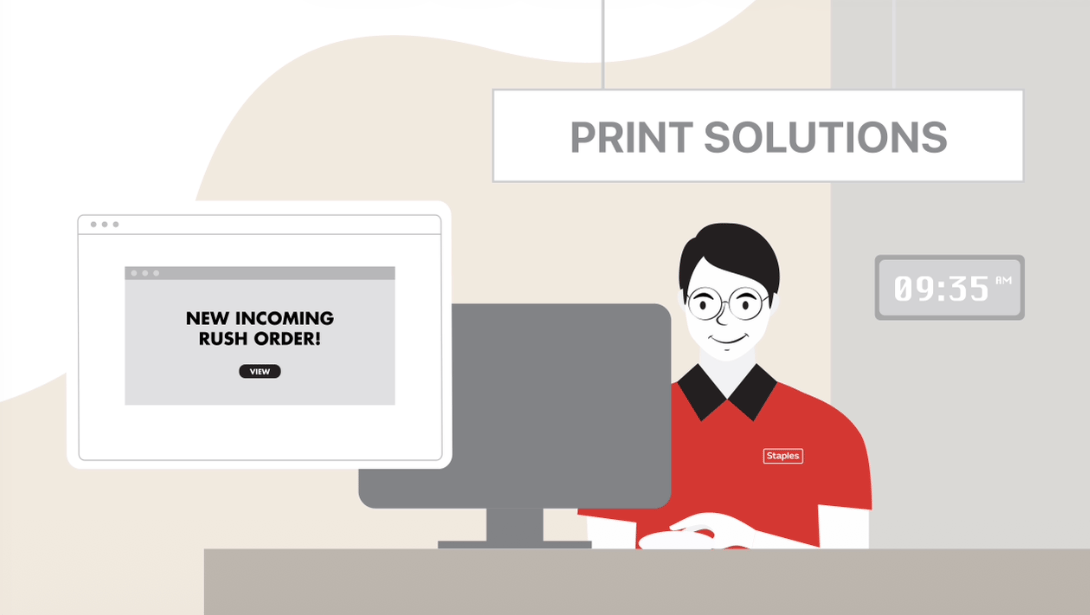Storyboard frame showing a  Staples associate receiving an incoming rush order