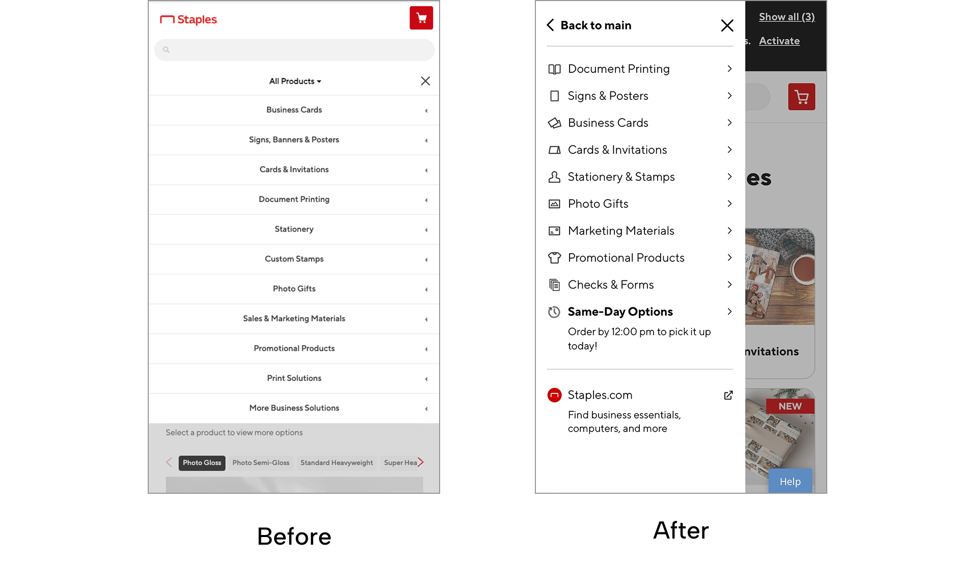 Screenshots showing a before and after for mobile navigation