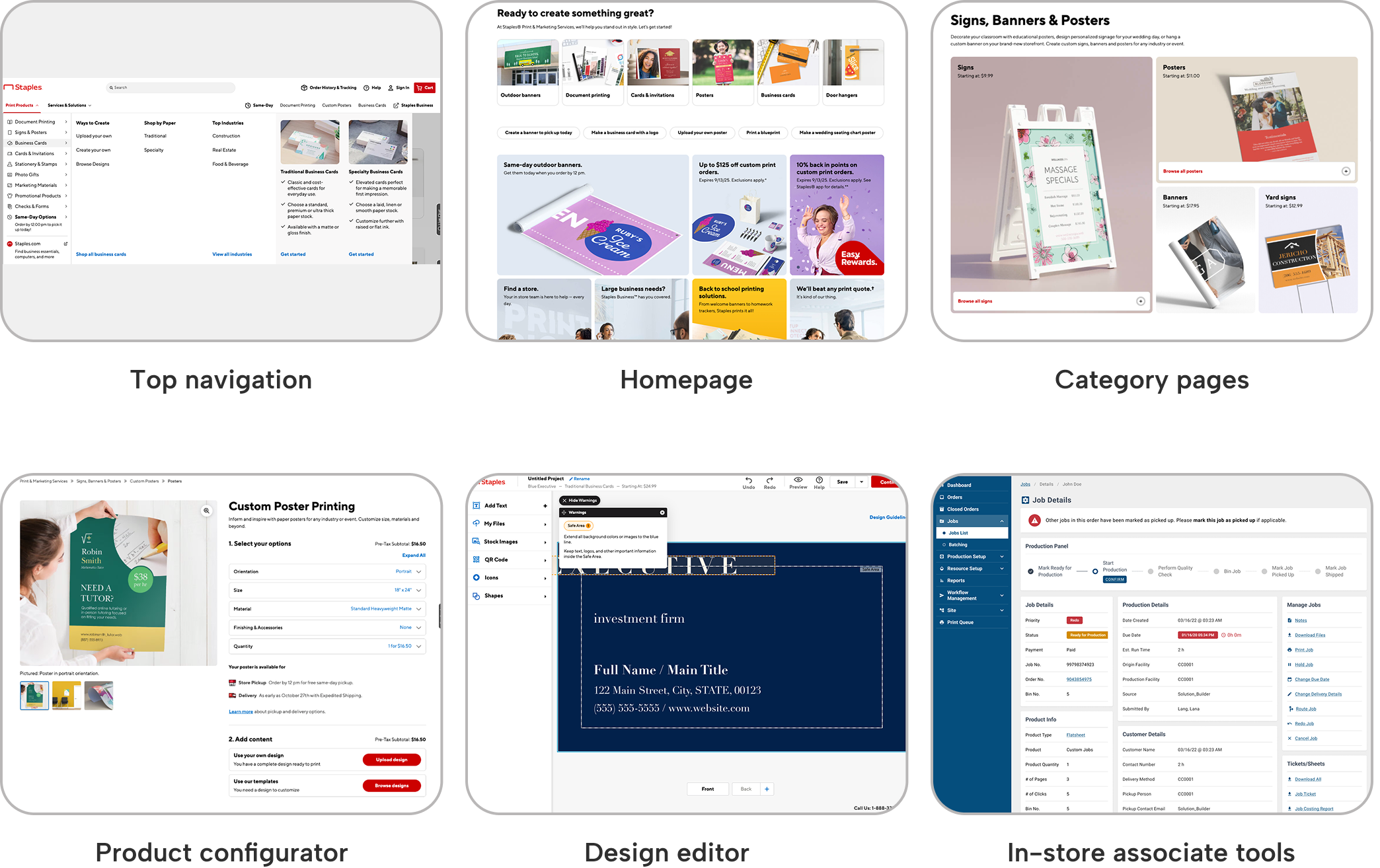 List of page thumbnails for top navigation, homepage, super category pages, category pages, product configurator, and design browsing.